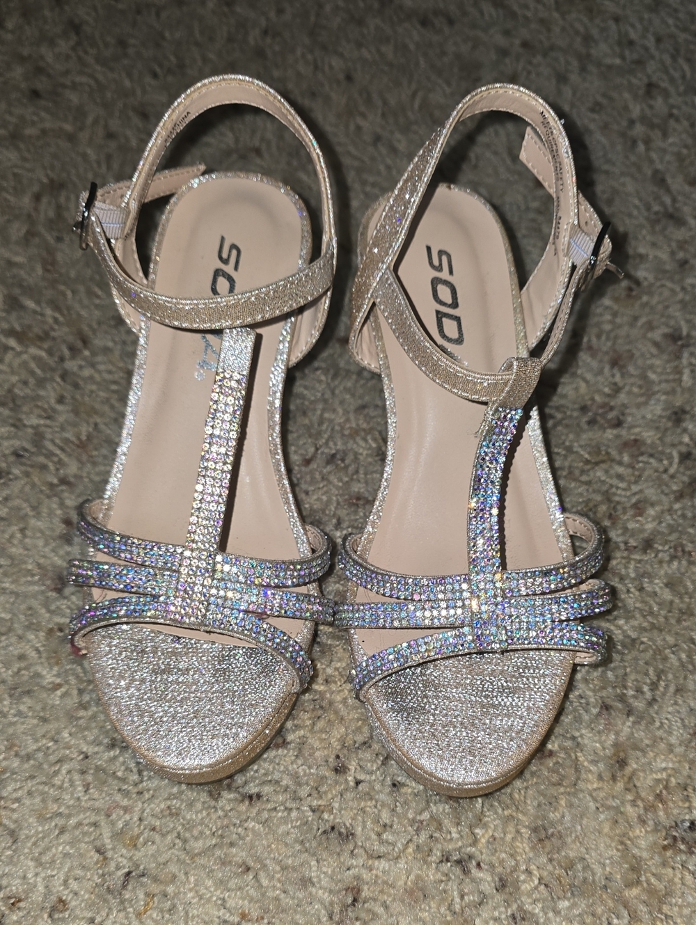 Soda Glitter Rhinestone T-Strap Heeled Sandals - Champagne Gold